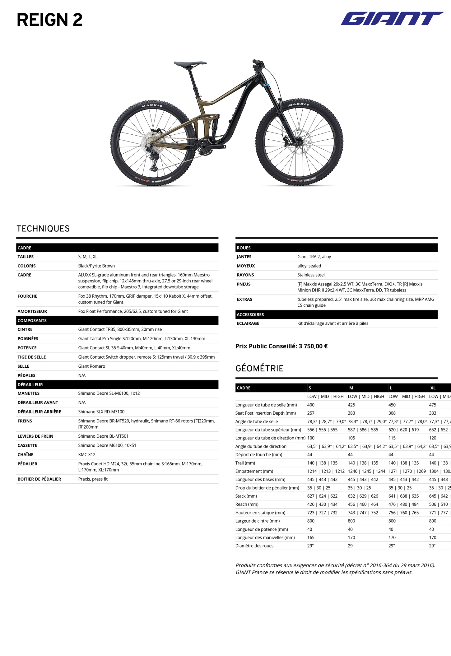 Fiche technique du velo Reign 2 année 2024